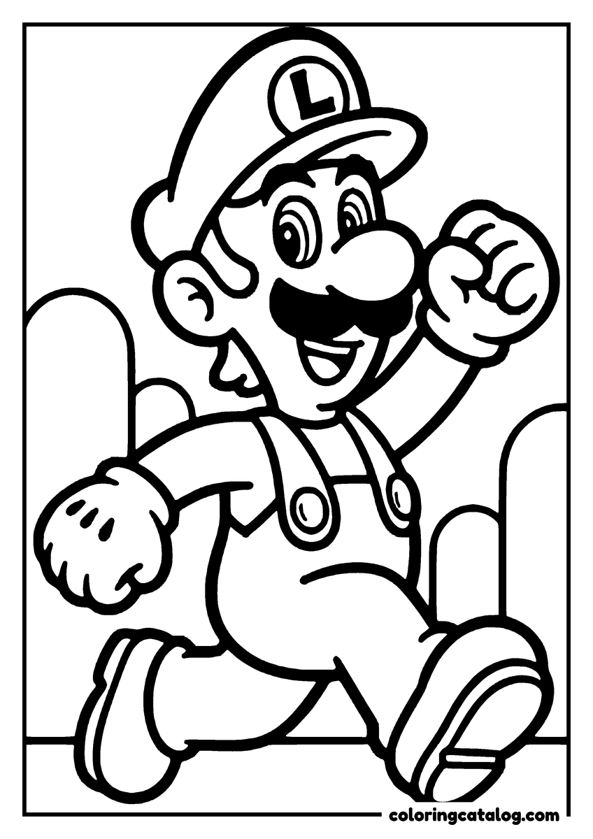 Mario coloring page: Luigi, the plumber, is running joyfully with his hands raised in the air