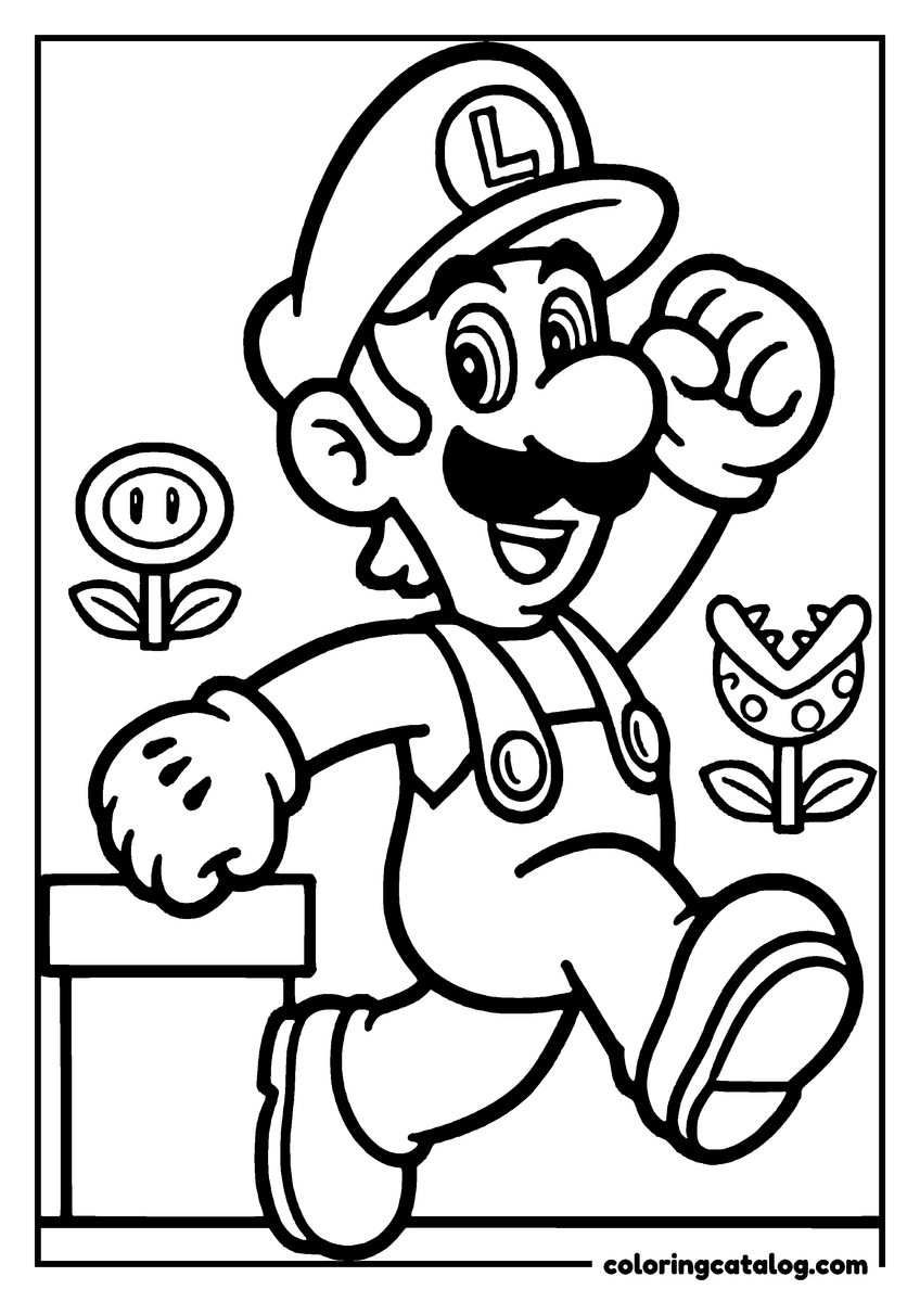 Printable Mario coloring page: Luigi running along a brick ledge, a fire flower on one side and a Piranha Plant on the other