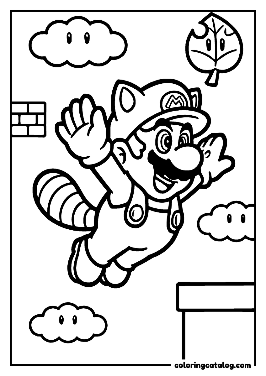 Free printable coloring sheet: Raccoon Mario flying with his striped tail and ears out, a super leaf floating above the clouds
