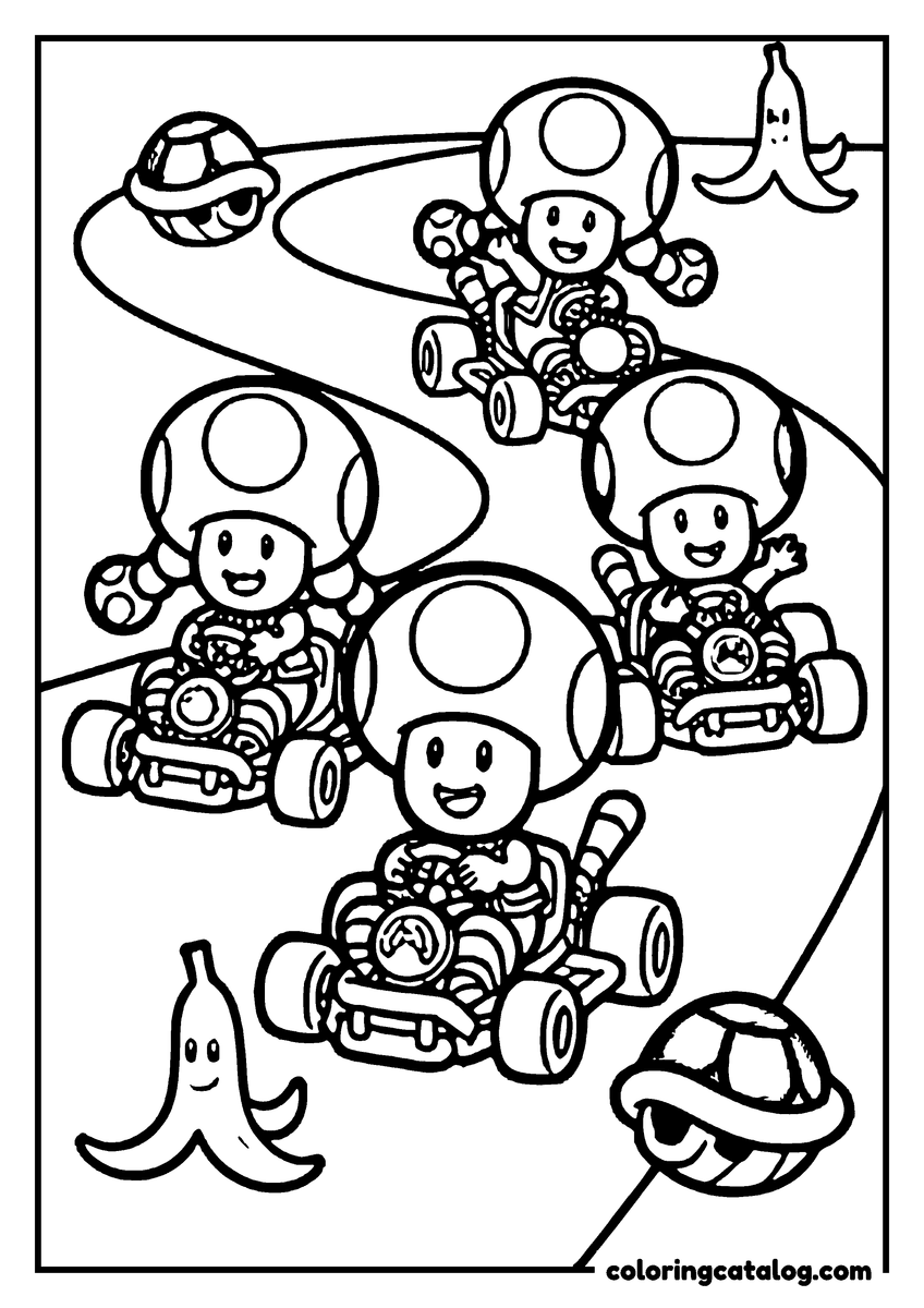 Printable Mario coloring page: Four Toads racing their karts down a winding track, banana peels and a shell in the road