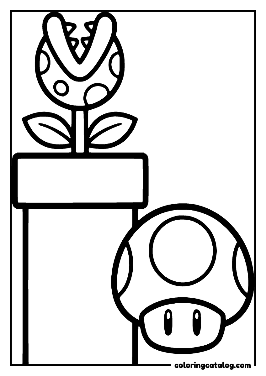 Mario coloring page: A Piranha Plant leaning out of its pipe with a super mushroom sitting below