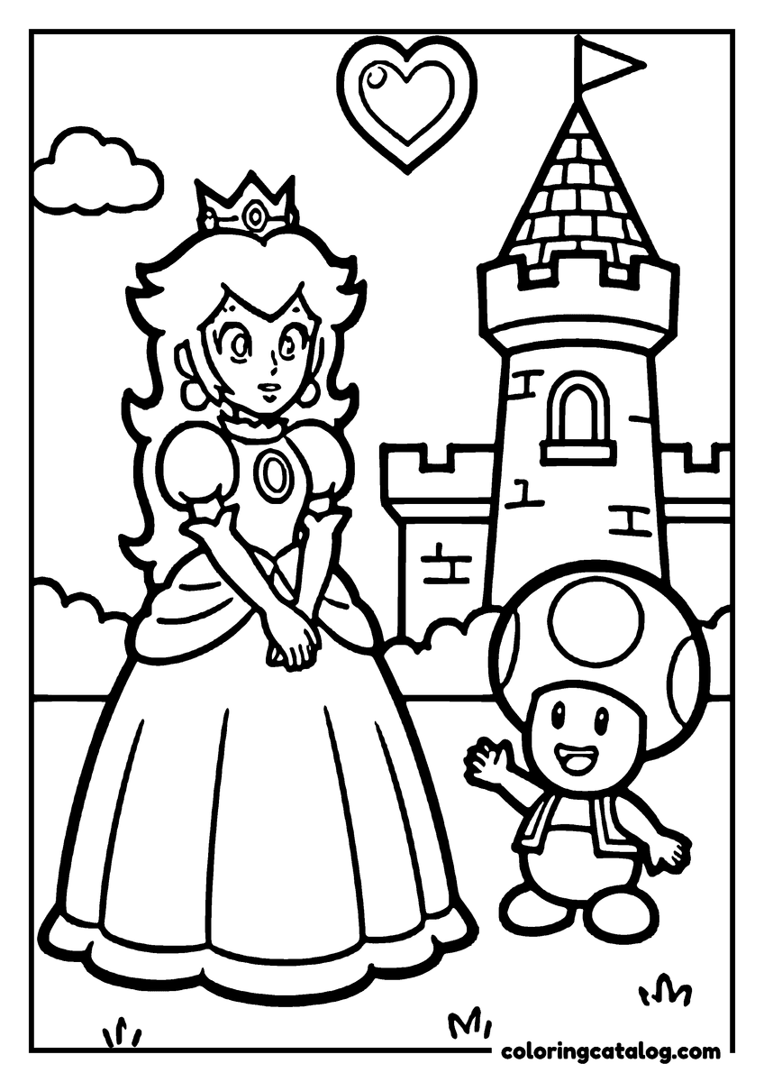 Mario coloring page: Princess Peach standing beside Toad in front of the castle tower, a heart floating above them