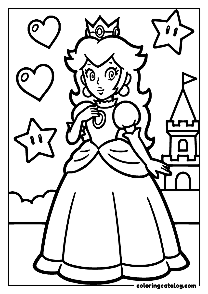 Printable Mario coloring page: Princess Peach holding her pendant in front of the castle, with stars and a heart floating around her