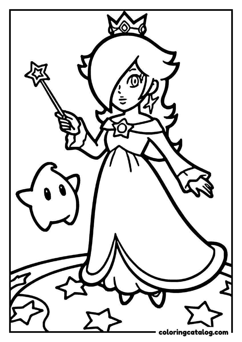 Printable Mario coloring page: Princess Rosalina holding her star wand, a Luma floating beside her over a ground of stars