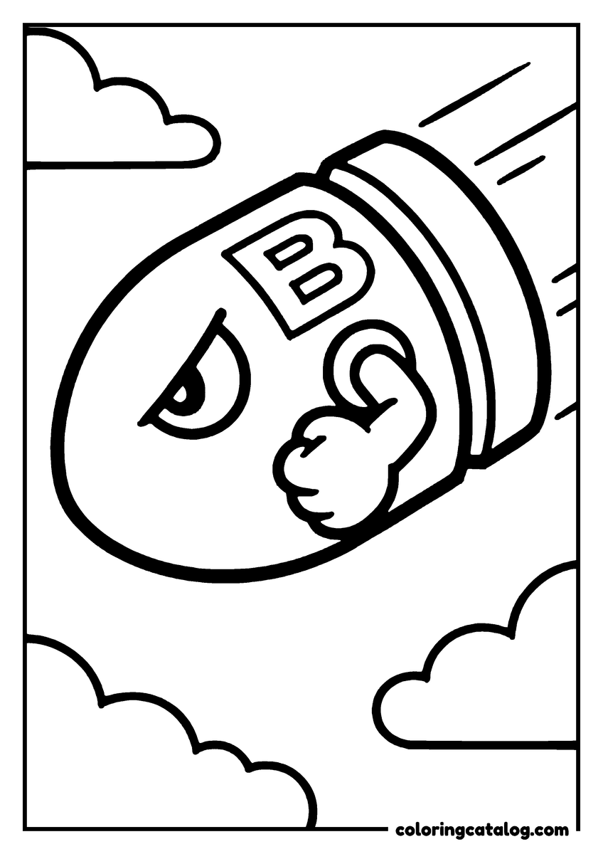 Printable Mario coloring page: A Bullet Bill with the letter B on its side flying through the clouds, fist out