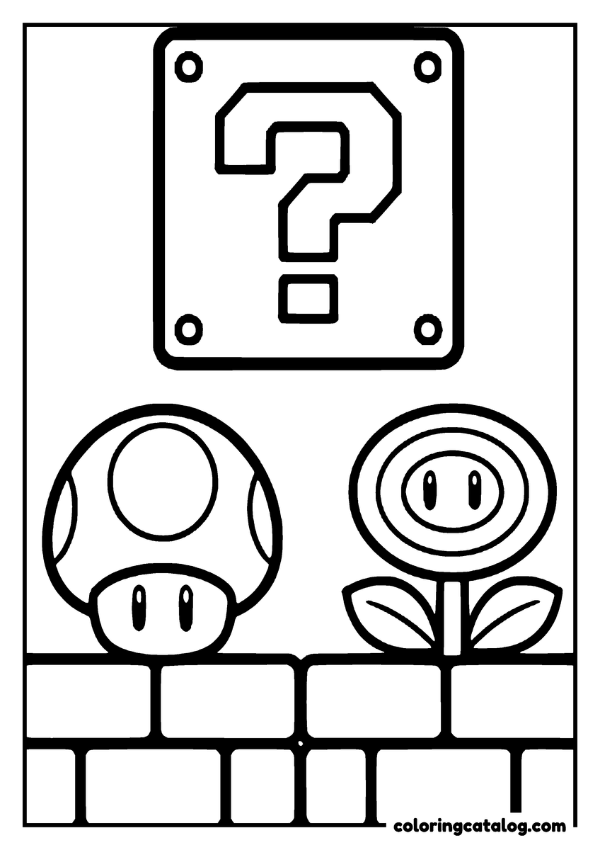 Mario coloring page: A question block, a super mushroom and a fire flower lined up over a brick wall