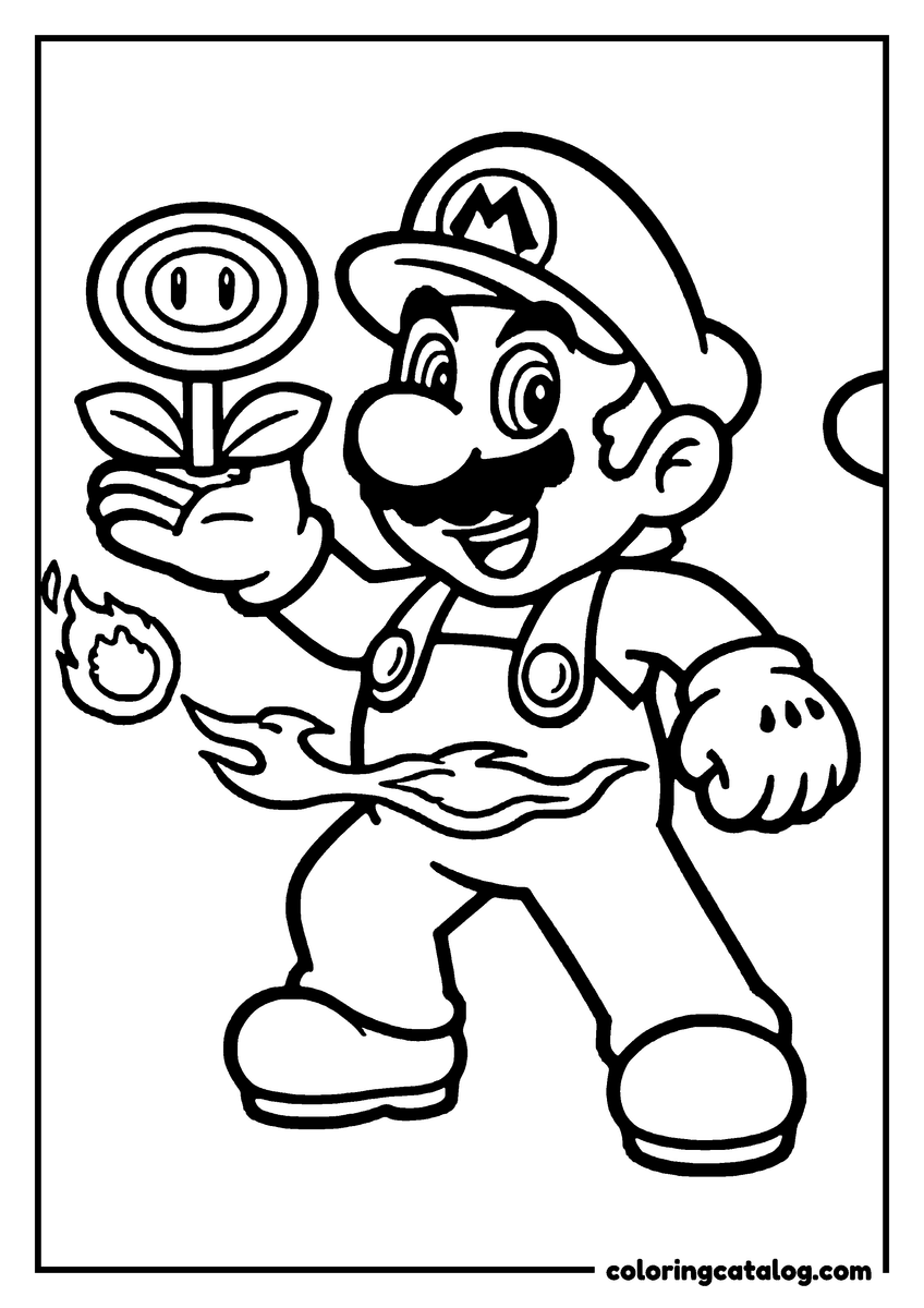 Coloring page: Super Mario holding a flower with a flame, black and white, coloring page