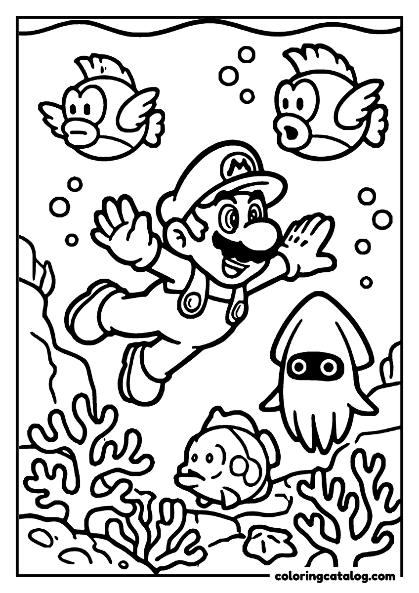 Printable coloring page: Mario swimming underwater among Cheep Cheep fish and a Blooper squid, with coral and bubbles