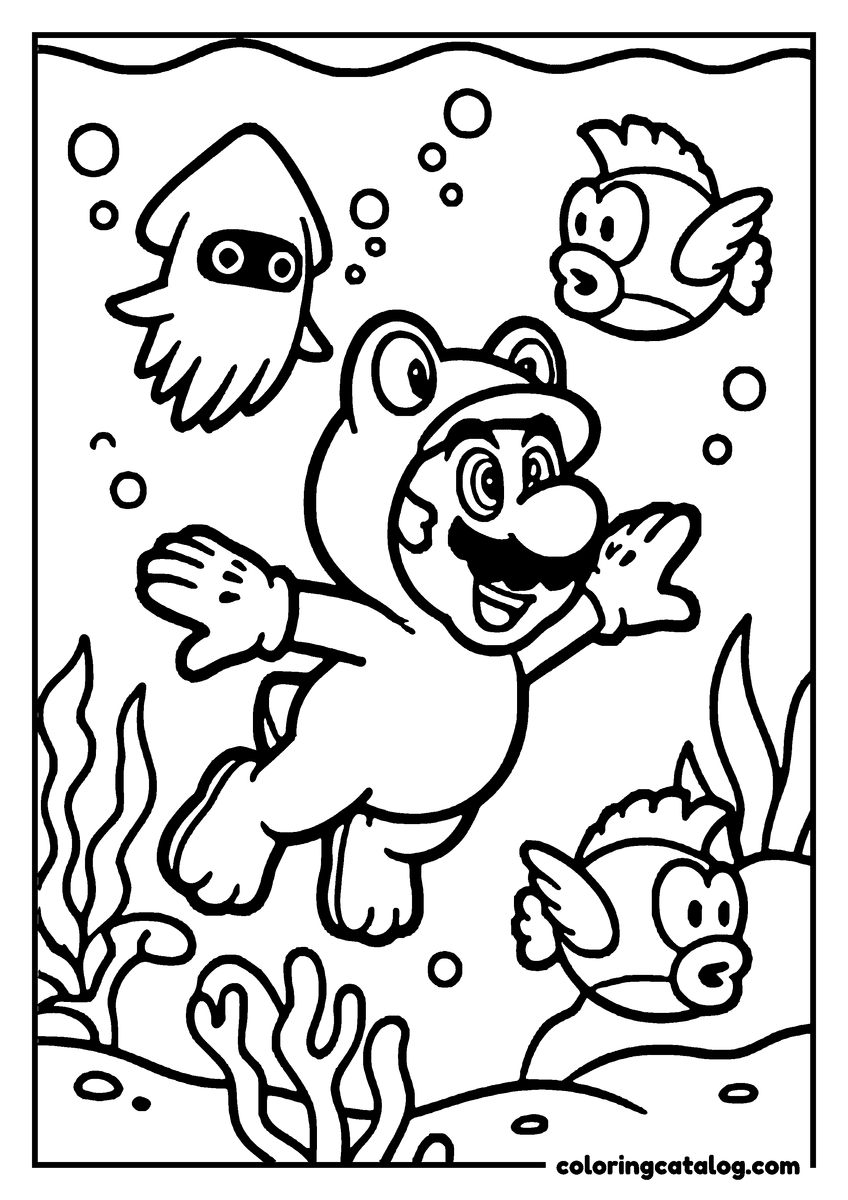 Printable coloring page: Mario swimming underwater with a Blooper above him and two Cheep Cheeps in the weeds
