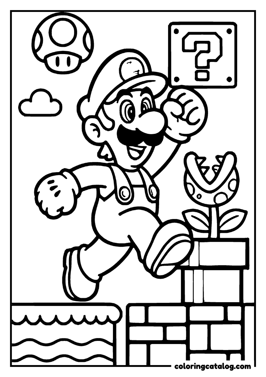 Free printable coloring sheet: Mario running along a brick ledge past a Piranha Plant, a question block above his head