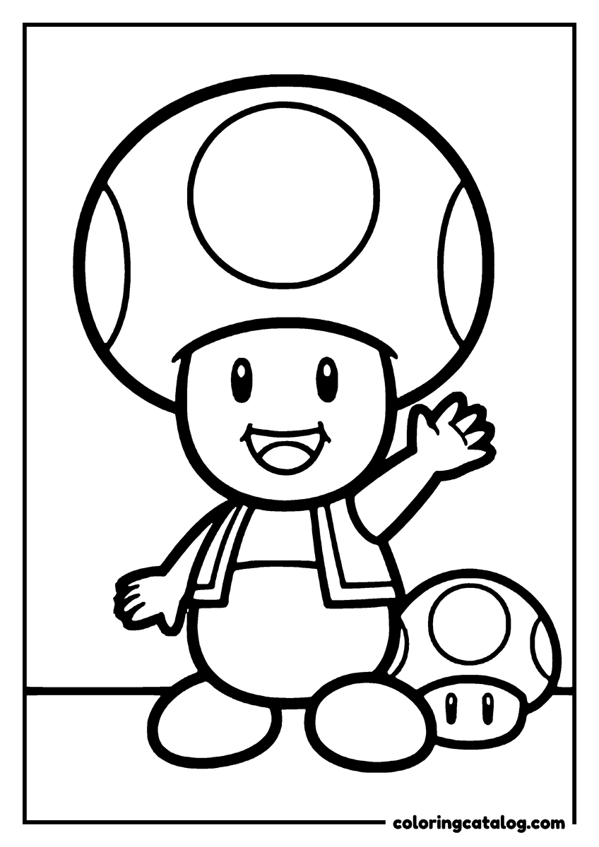 Free Mario coloring sheet: Toad waving in his spotted mushroom cap and waistcoat, a super mushroom beside him