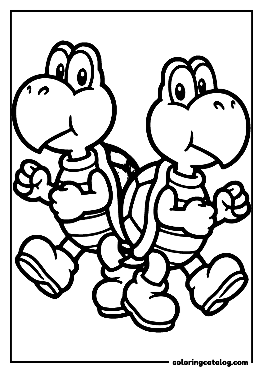 Free Mario coloring sheet: Two Koopa Troopas running side by side in their shells and boots