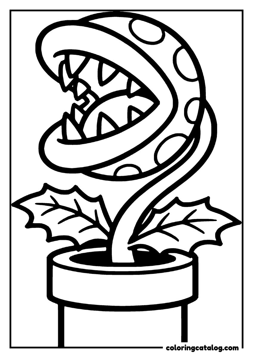 Mario coloring page: A spotted Piranha Plant rising out of a warp pipe with its mouth wide open