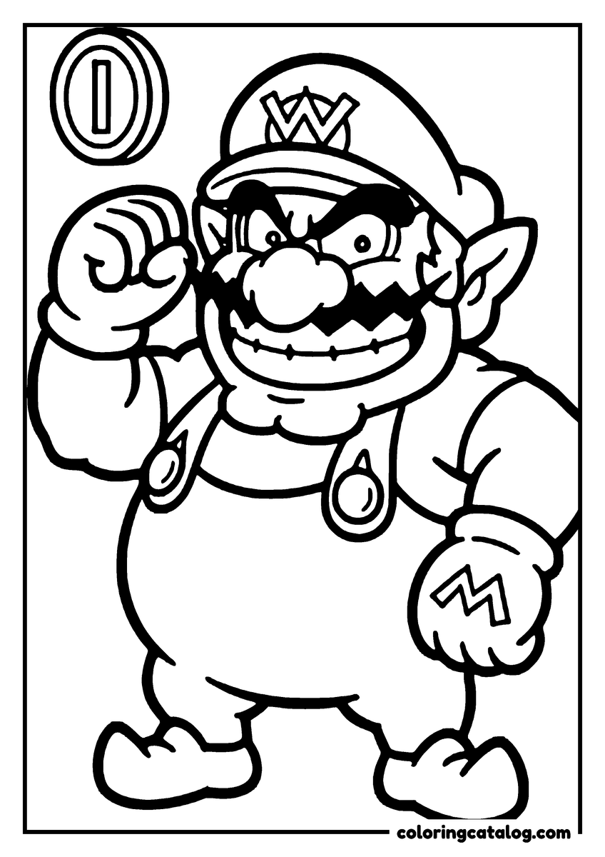 Free Mario coloring sheet: Wario flexing both arms with a grin, a coin floating over his shoulder