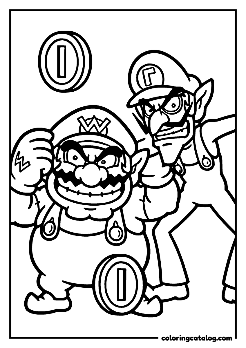 Printable Mario coloring page: Wario and Waluigi standing side by side with coins floating around them, Wario grinning and Waluigi leaning over him