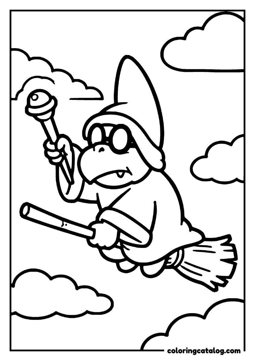 Printable Mario coloring page: A Magikoopa in his robe and round glasses flying on a broomstick, wand raised, with clouds behind him