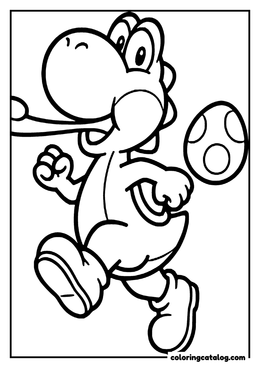 Printable Mario coloring page: Yoshi running with his mouth open, carrying a spotted egg under one arm