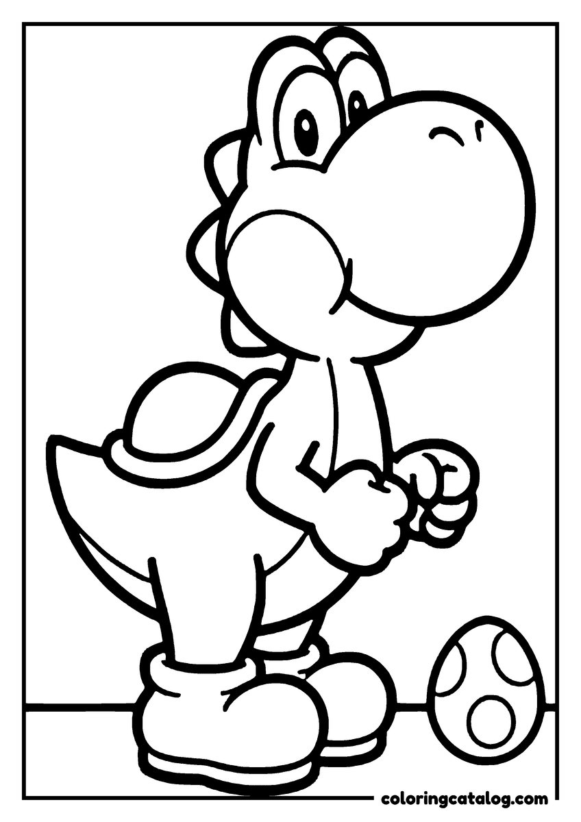 Free Mario coloring sheet: Yoshi standing with his saddle shell and boots, two spotted eggs at his feet