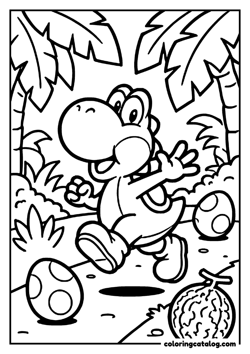 Printable Mario coloring page: Yoshi running through a jungle of palms and fruit, spotted eggs scattered on the ground