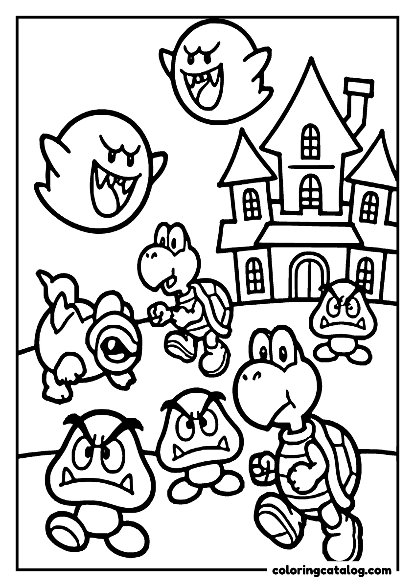Free Mario coloring sheet: Yoshi running with Koopa Troopas and Goombas in front of a haunted house, two Boos in the sky