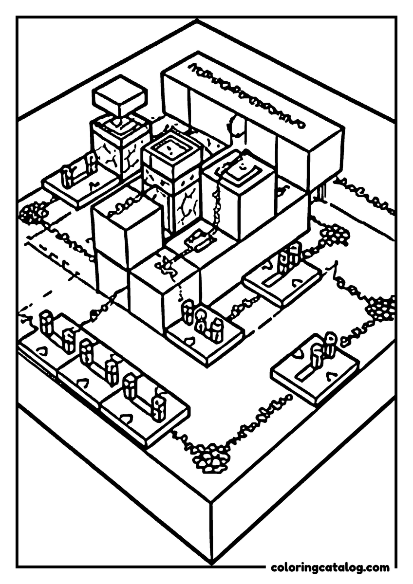 Printable Minecraft coloring page: A blocky city built on a square plot and seen from above, with towers, paths, hedges and small figures in the streets