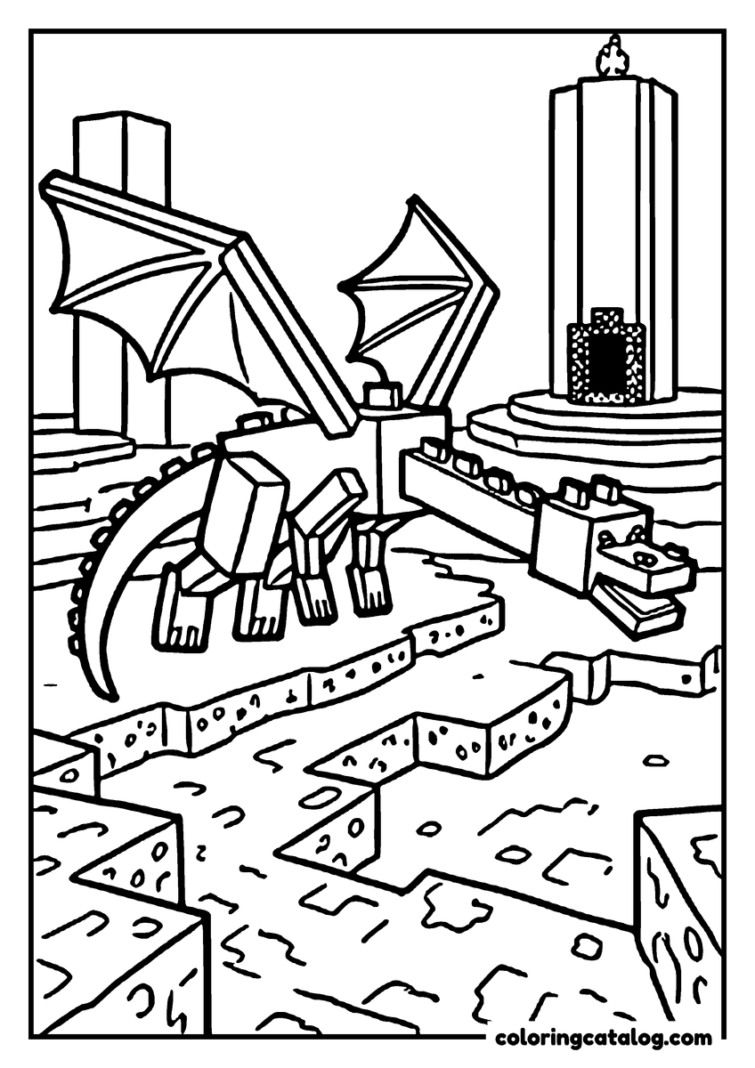 Minecraft coloring page: A winged dragon with a spined tail stands on cracked stone in front of a tall pillar topped by a caged crystal