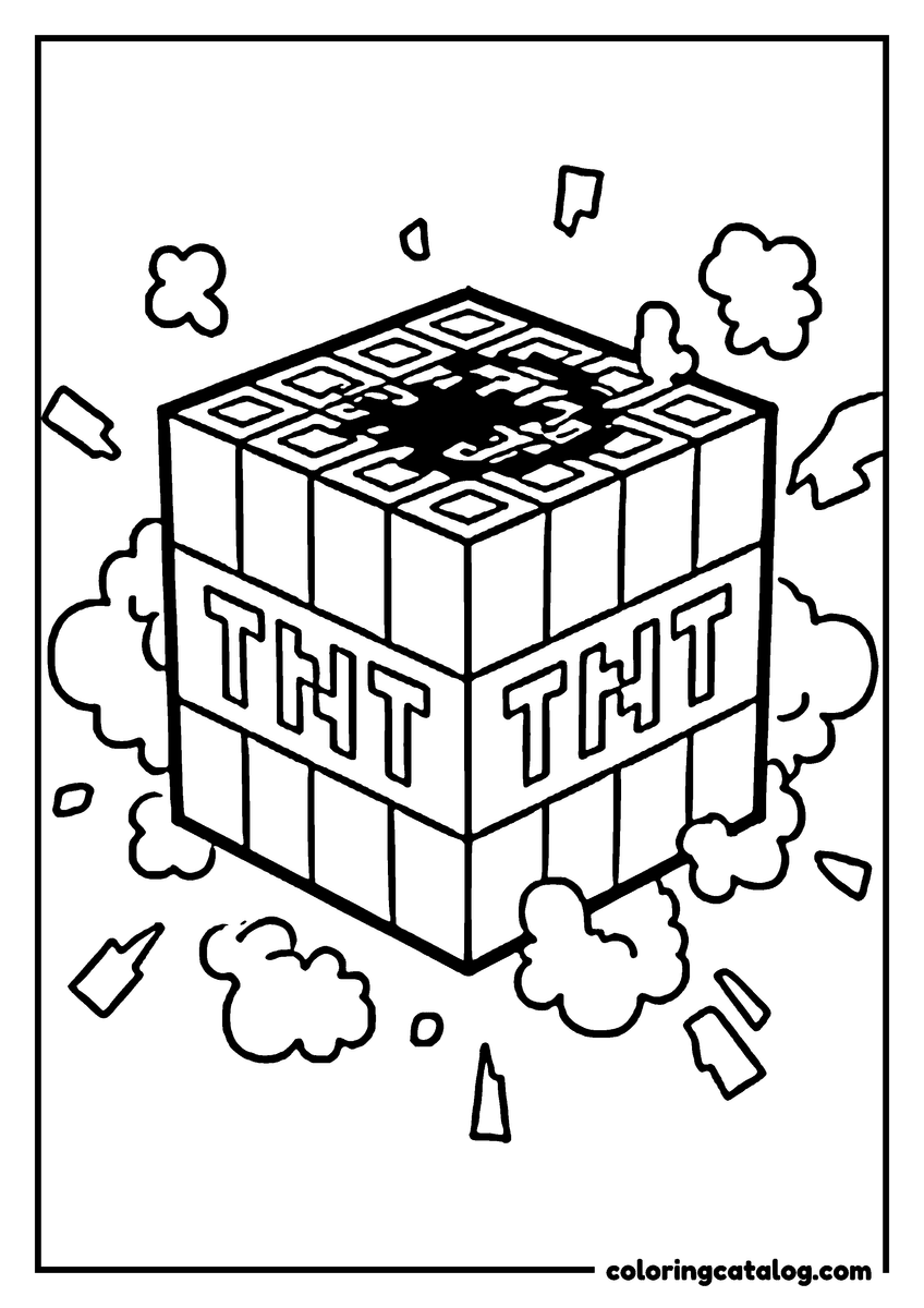 Free Minecraft coloring sheet: A TNT block bursting apart, with puffs of smoke and chunks of debris flying out on every side