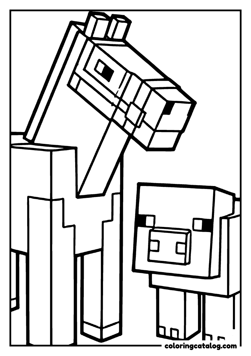 Minecraft coloring page: A blocky horse and a pig stand side by side, drawn large enough to fill the whole page