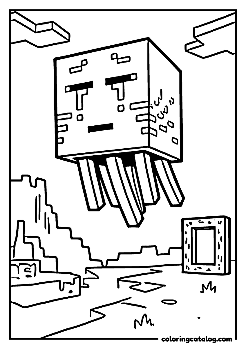Minecraft coloring page: A ghast with a square face and hanging tentacles floats above a stone valley, beside an empty portal frame