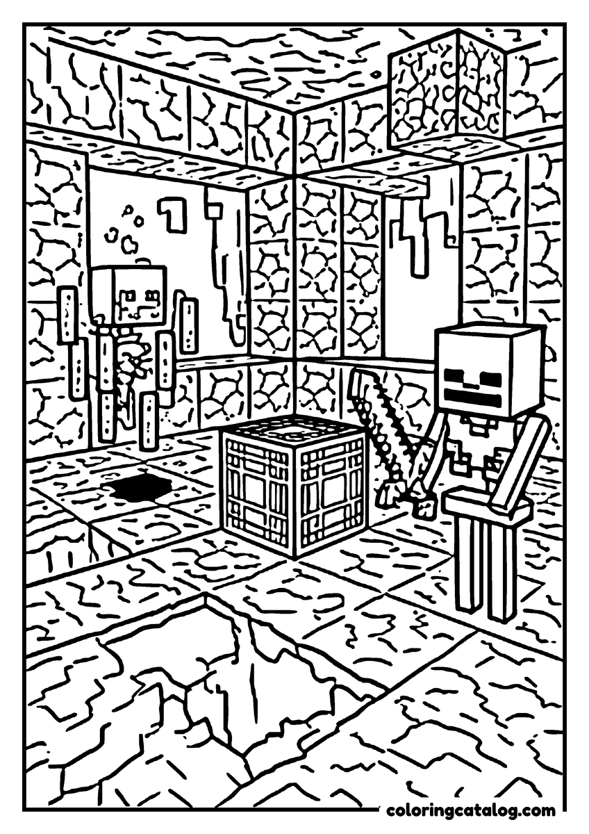 Free Minecraft coloring sheet: A skeleton holding a bow stands beside a barred spawner cage in a cracked stone dungeon