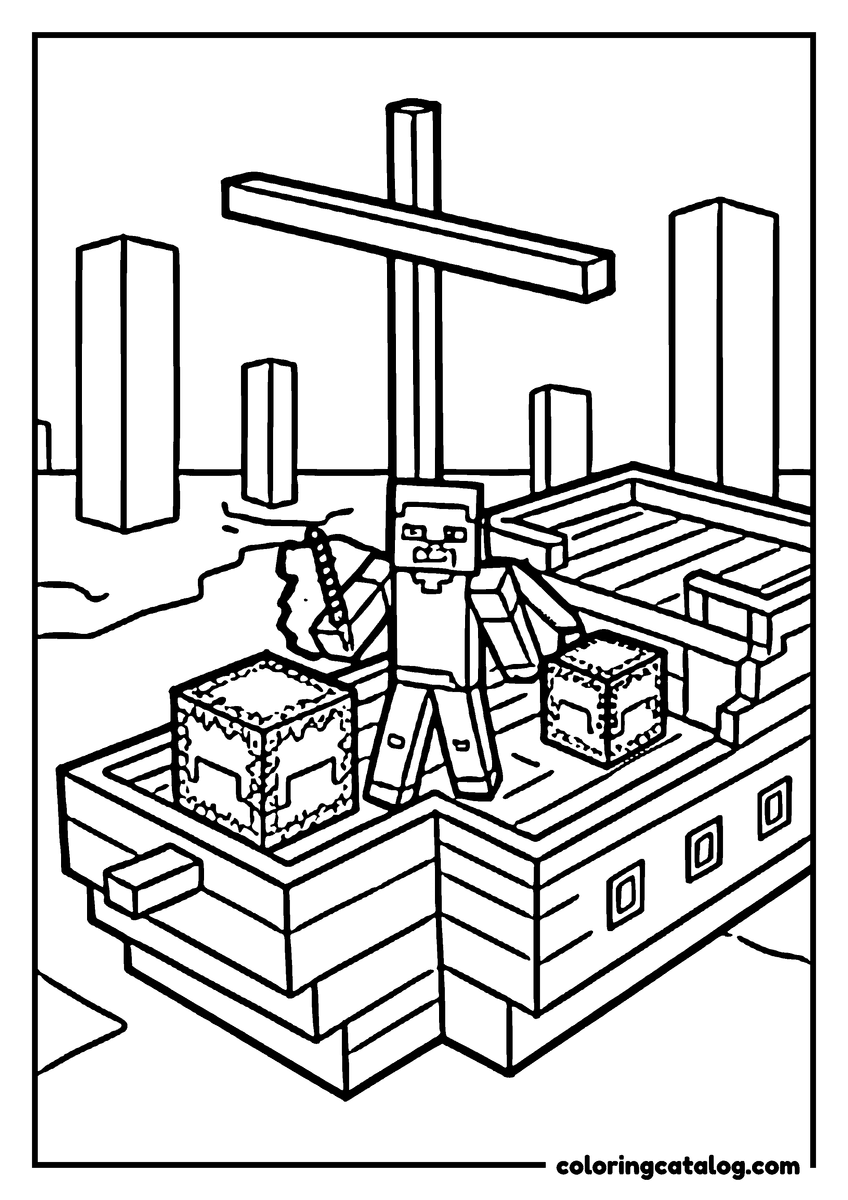 Free Minecraft coloring sheet: A blocky character stands on the deck of a wooden ship under a bare mast, holding a fishing rod, with two mossy blocks at their feet