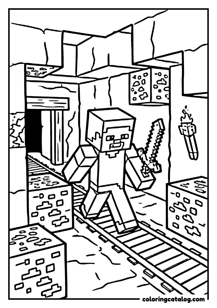 Printable Minecraft coloring page: A blocky character walks along minecart rails in a cave, holding a sword, with ore blocks and a lit torch on the walls