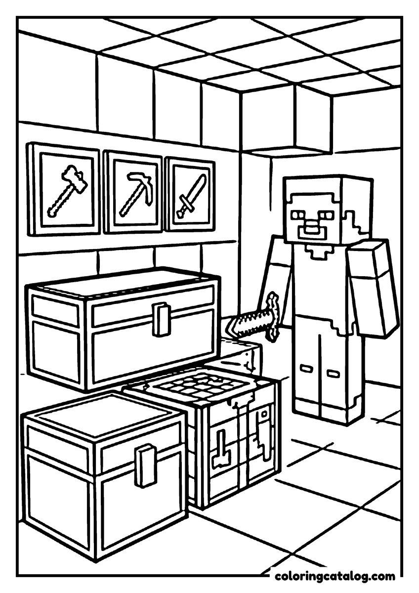 Printable Minecraft coloring page: A blocky character in a stone room with two chests, a crafting table and three tools framed on the wall