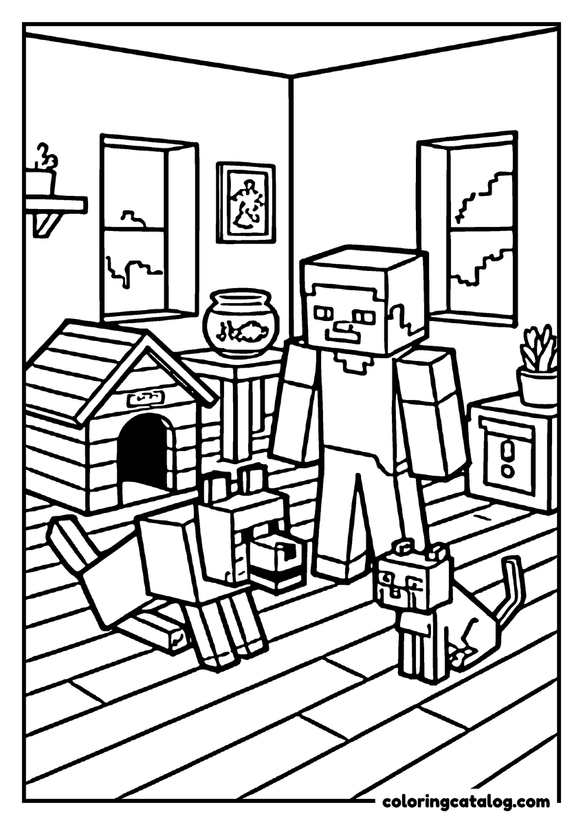 Free Minecraft coloring sheet: A blocky character in a wooden room with a kennel, a fishbowl and a potted plant, a wolf and a cat at their feet