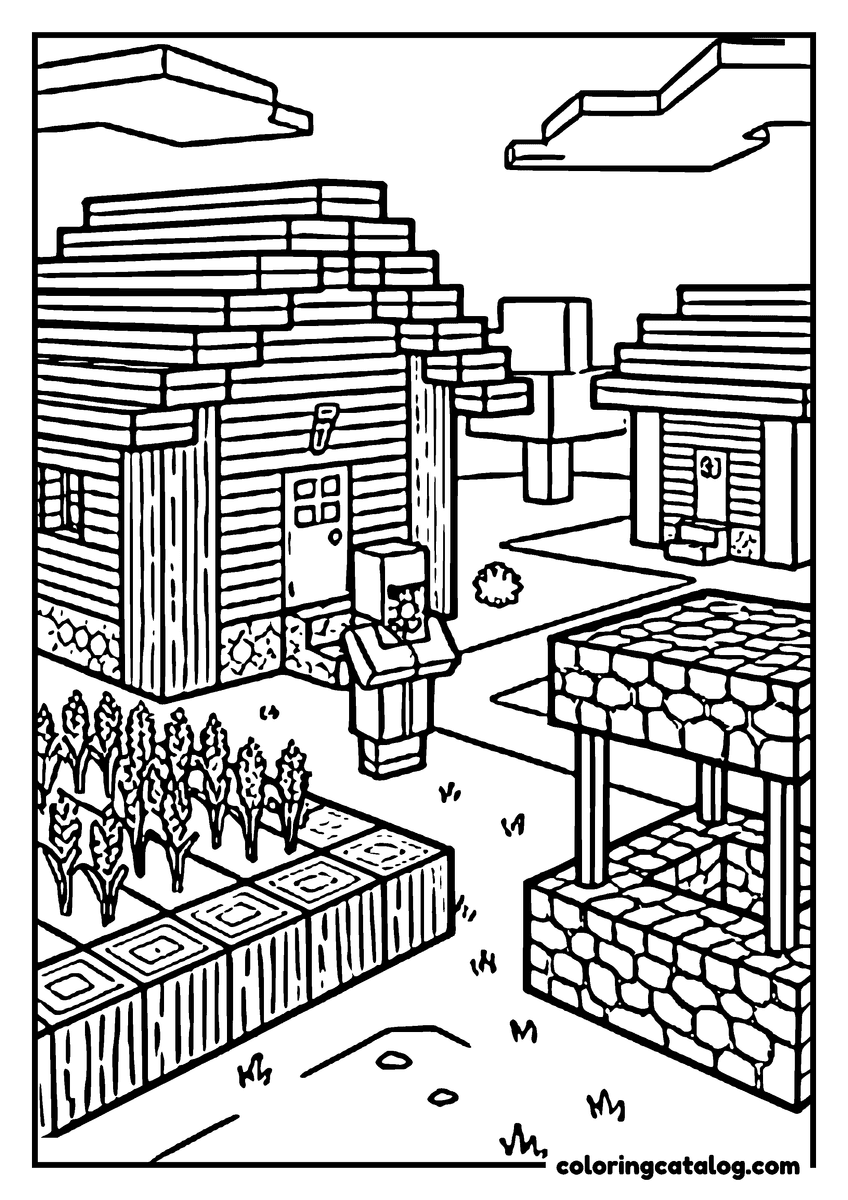 Minecraft coloring page: A blocky character stands outside a wooden house, between a field of wheat and a stone well