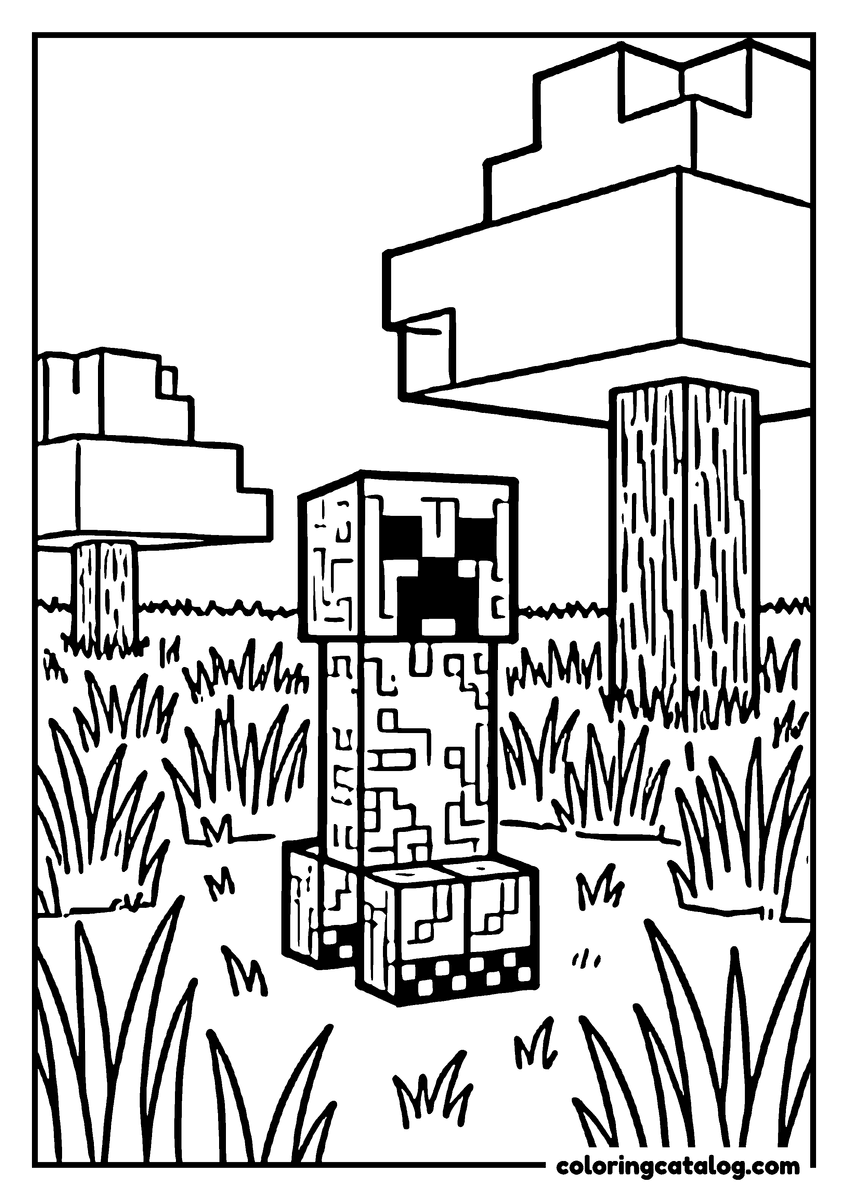 Minecraft coloring page: A creeper standing in tall grass under two blocky trees, its face taking up the middle of the page