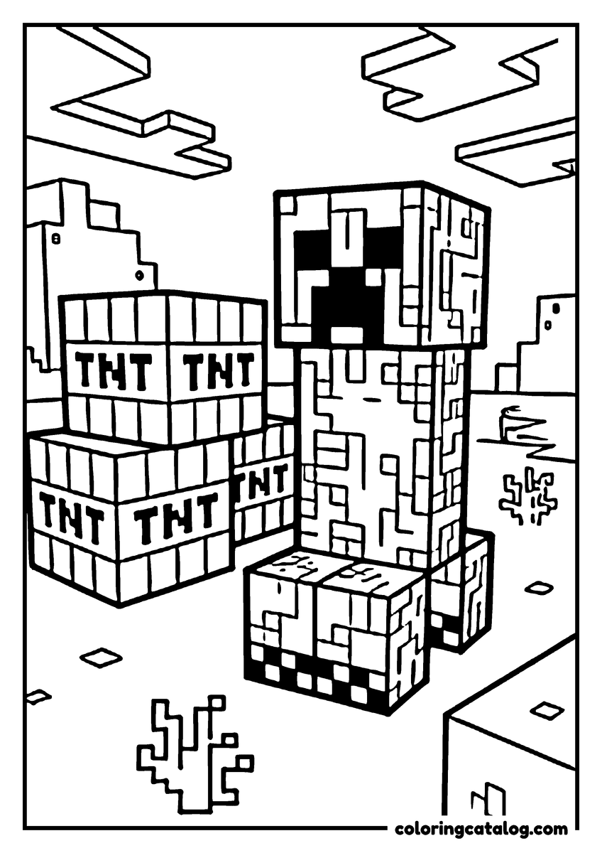 Minecraft coloring page: A creeper standing beside a stack of five TNT blocks, with blocks floating in the sky behind
