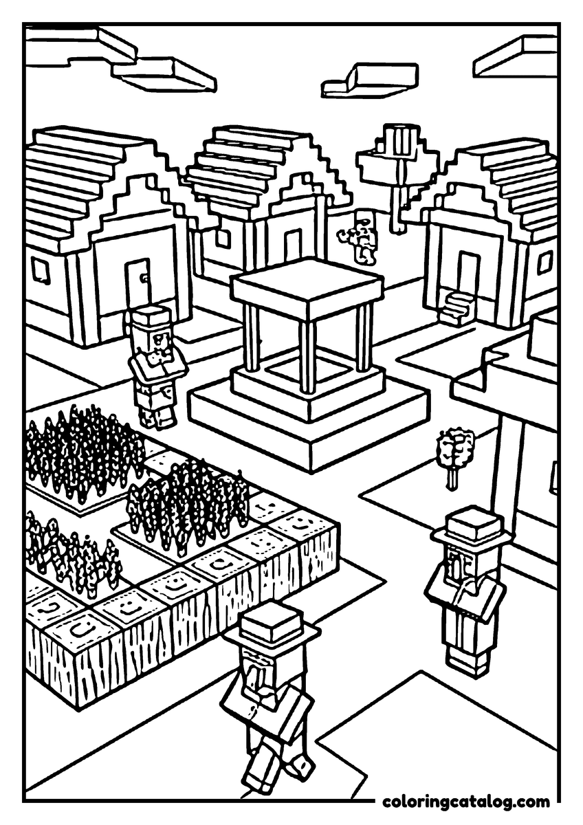 Free Minecraft coloring sheet: Villagers in flat-brimmed hats walk through a village square, past crop plots and a covered stone well