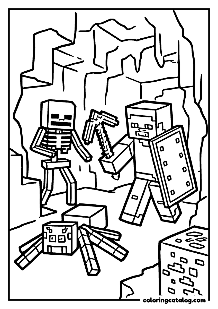 Free Minecraft coloring sheet: A blocky character with a shield and a pickaxe faces a skeleton in a cave, a spider crouched on the floor between them
