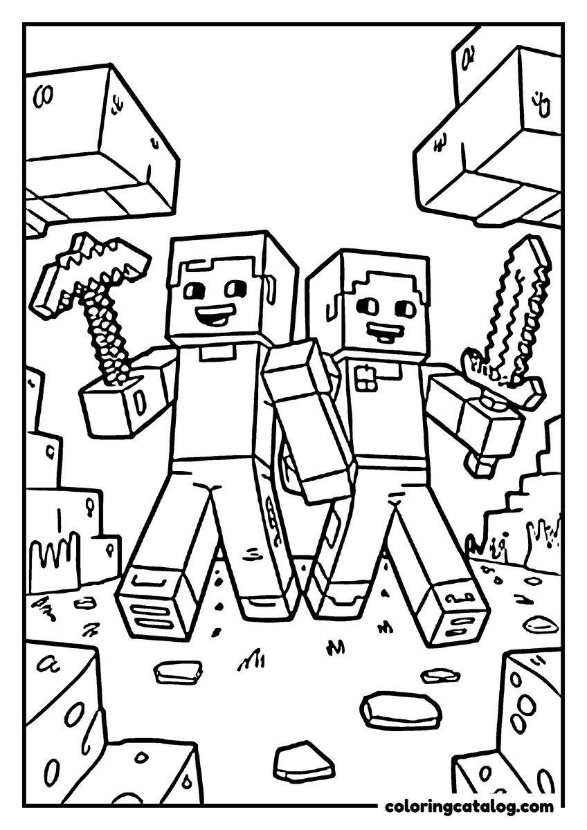 Free Minecraft coloring sheet: Two grinning blocky characters walk side by side, one holding a pickaxe and the other a sword, with blocks floating above them