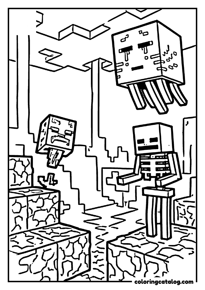 Free Minecraft coloring sheet: A large ghast and a smaller one float above a skeleton standing on cracked stone blocks