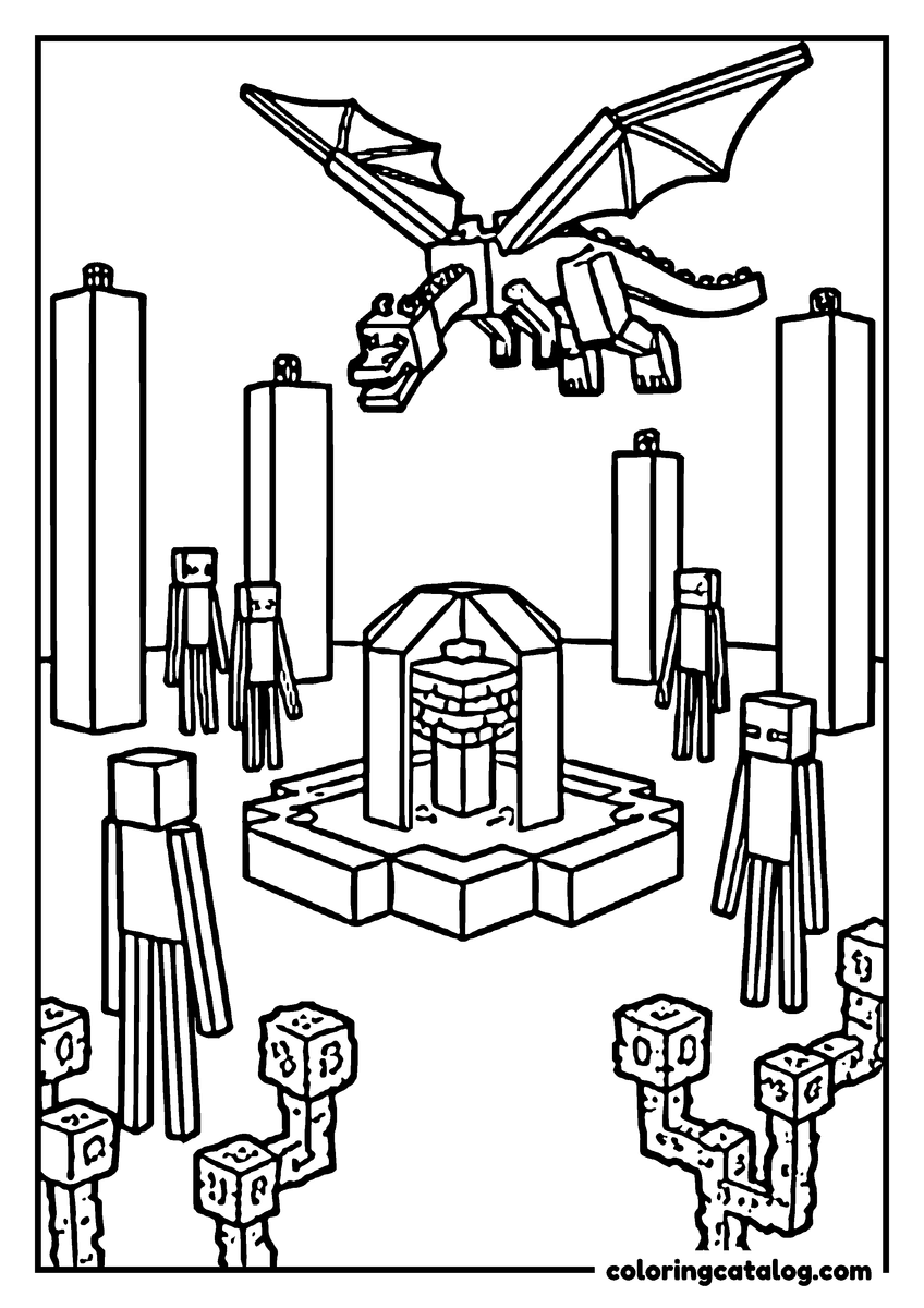Printable Minecraft coloring page: A winged dragon flies over a stone platform ringed by pillars, with tall long-armed endermen standing on the ground below