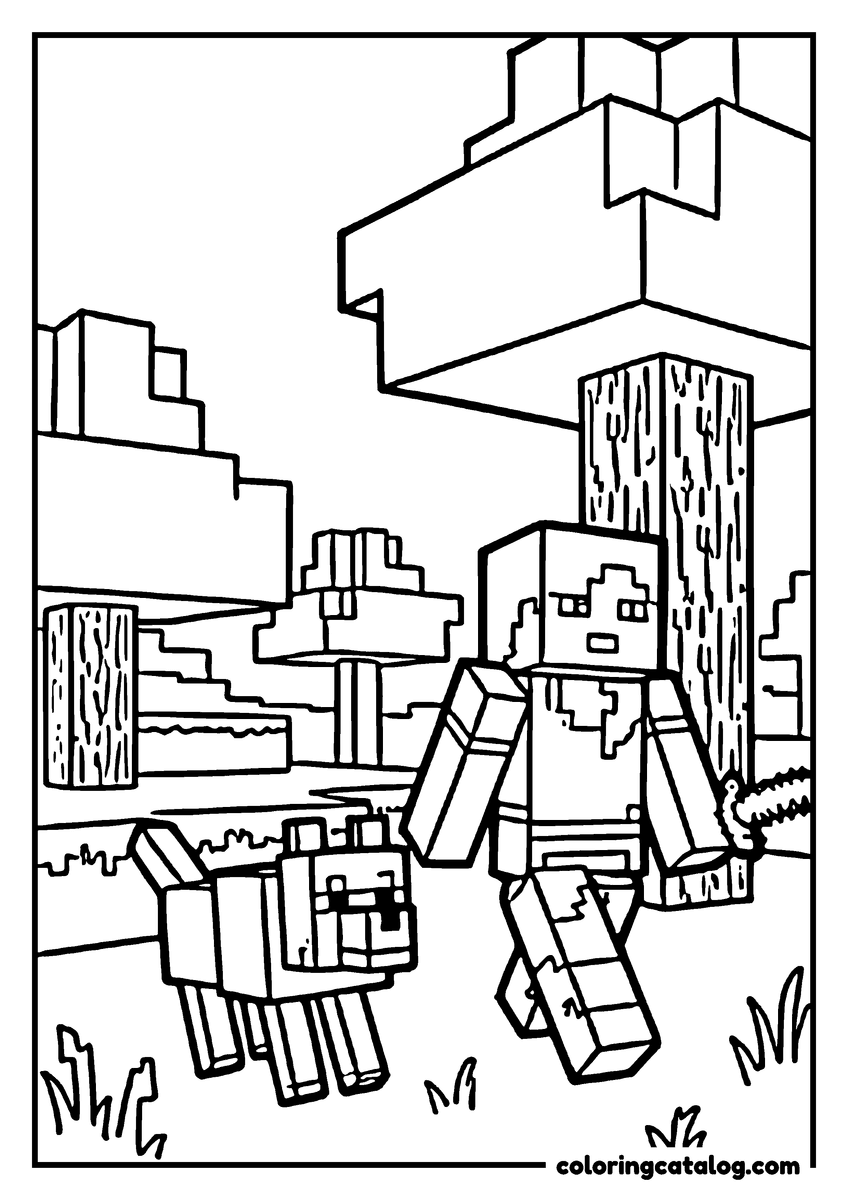 Printable Minecraft coloring page: A blocky character walks through the grass with a wolf at their side, a sword in one hand and blocky trees behind
