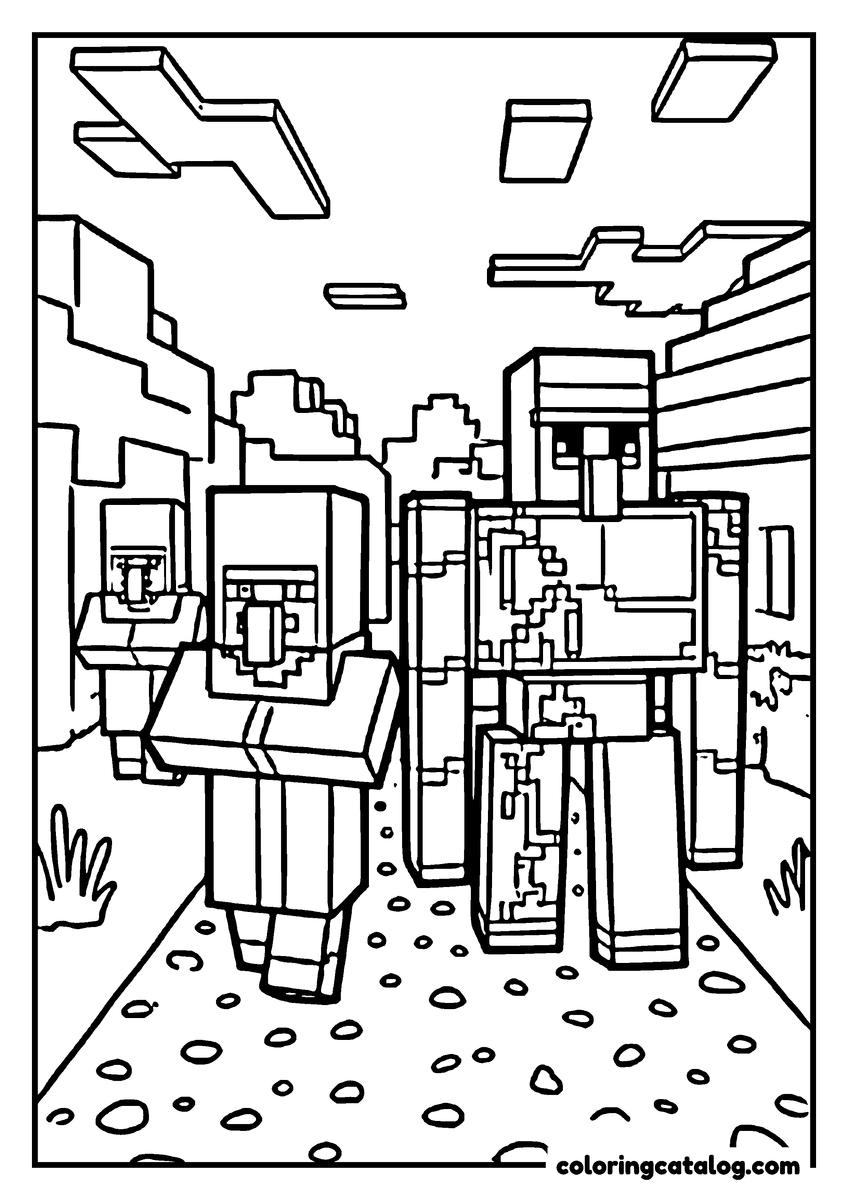 Printable Minecraft coloring page: Two villagers walk down a gravel path beside an iron golem, with a third villager following behind