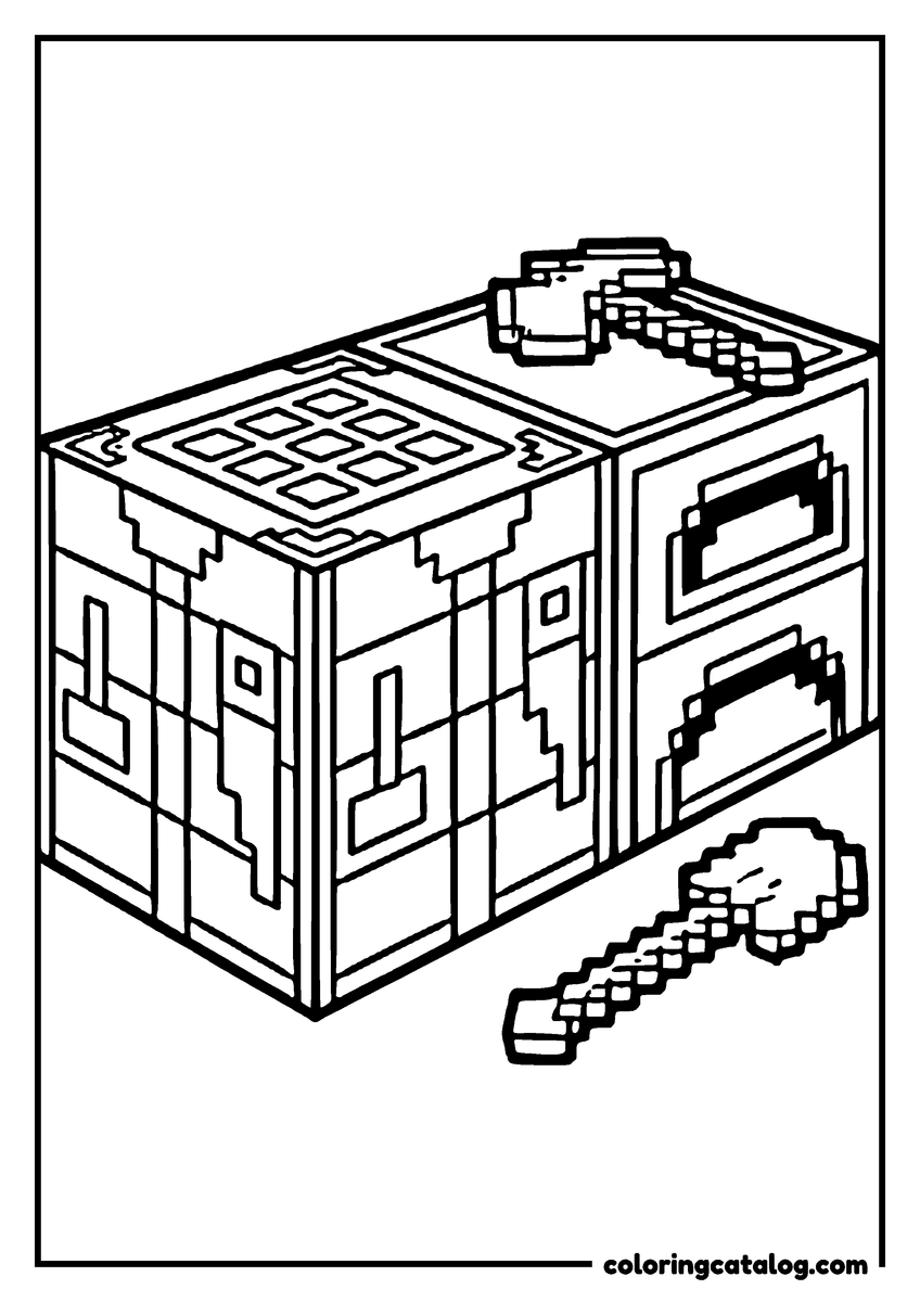 Printable Minecraft coloring page: A crafting table beside a furnace, with one pickaxe resting on top and another lying on the ground