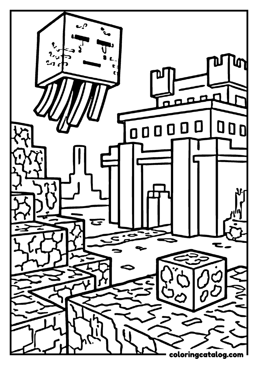 Printable Minecraft coloring page: A ghast floats over a stone fortress with battlements, an ore block sitting on the cracked ground below