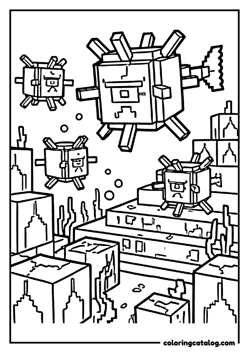 Printable Minecraft coloring page: Four spiky one-eyed guardians swim above a blocky seabed of stone and coral