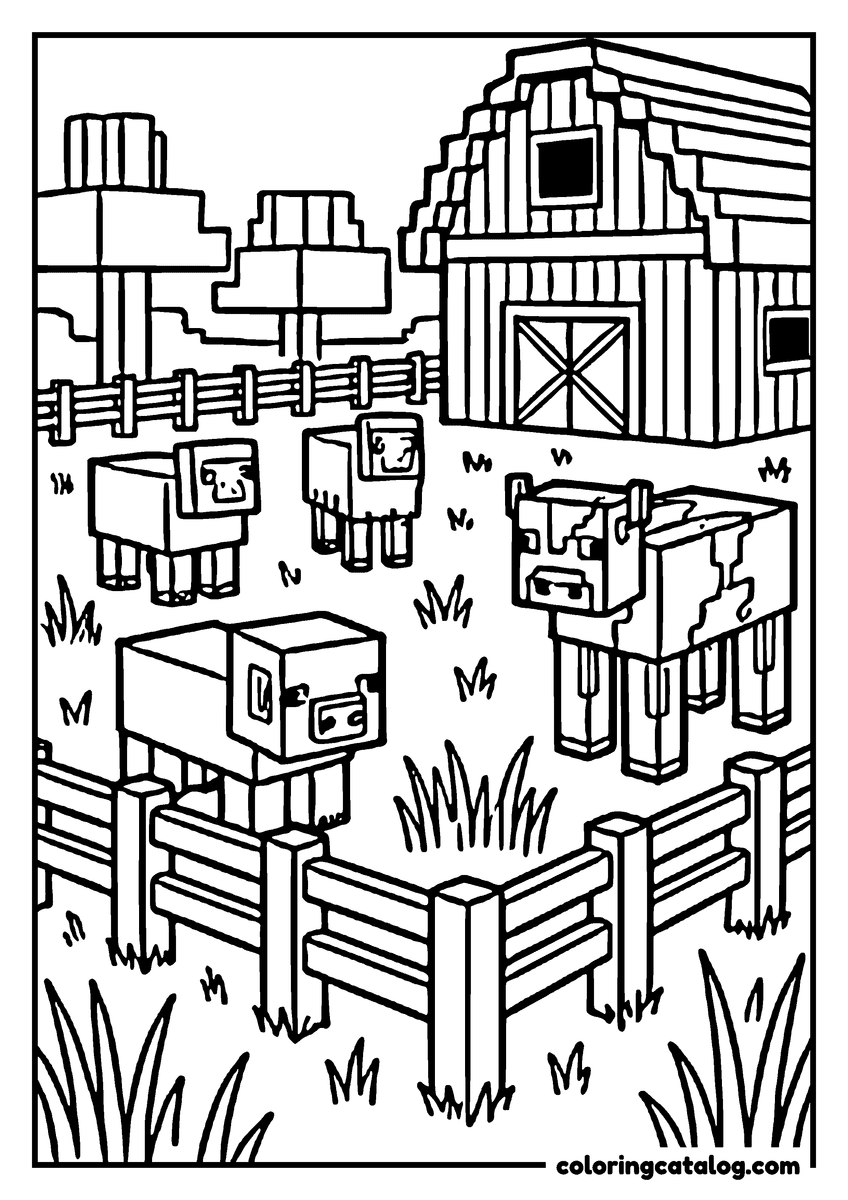 Minecraft coloring page: Two sheep, a cow and a pig in a fenced field in front of a barn, with blocky trees beyond the fence