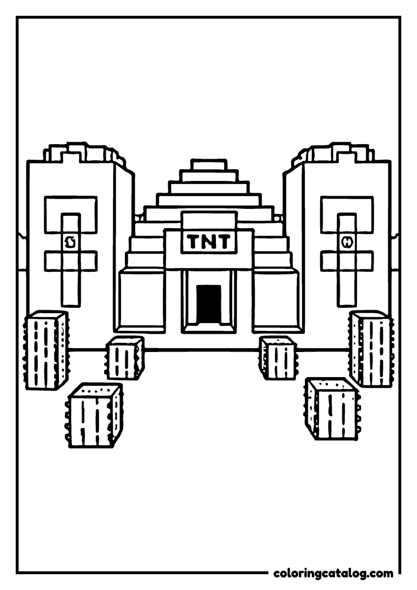 Free Minecraft coloring sheet: A stepped temple with a TNT sign above its doorway, a tower on either side and blocks strung out in front