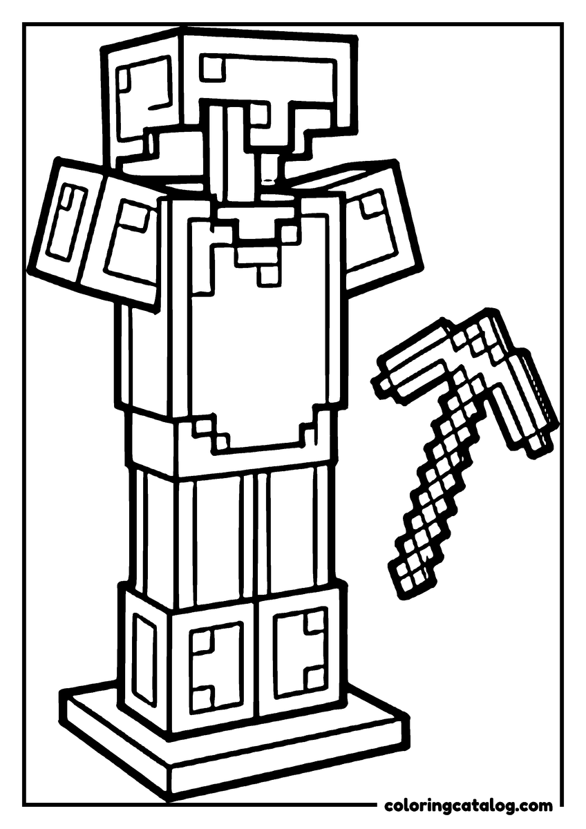 Free Minecraft coloring sheet: A blocky figure with a creeper face stands on a low plinth with its arms out, next to a large pickaxe